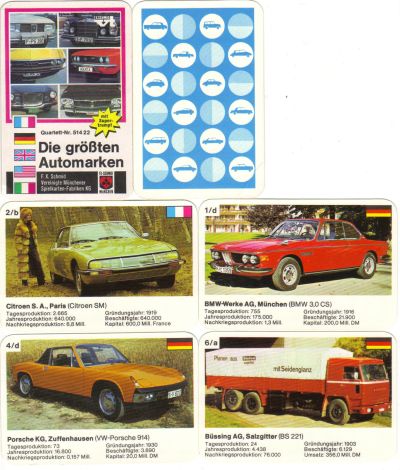 Das rare Autoquartett Die größten Automarken von F.X.Schmid mit 24 Karten vergleicht Autohersteller wie General Motos, Opel, VW, Lancia und Simca-Chrysler hinsichtlich Produktion und Kapital.